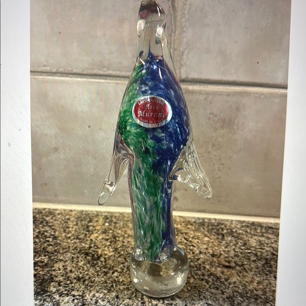 Murano Glass Blown Penguin with Blue and Green Swirls